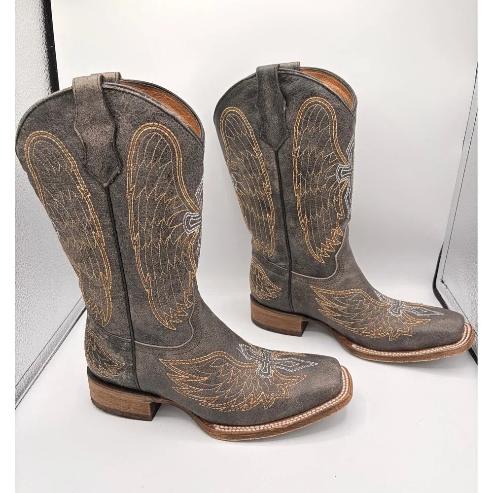 Corral Teens Western Boots 4.5T Wing Cross Brown Leather Square Toe A1032
